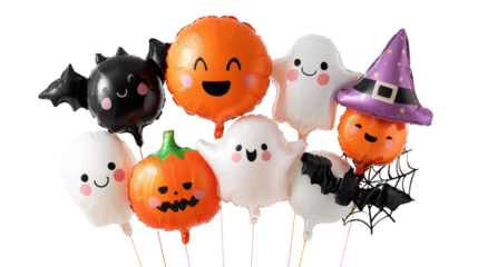 3D Halloween holiday symbols with pumpkin, friendly ghost, black cat, skeleton, tombstone, witch hat, spider web, isolated on a Transparent background, PNG file.