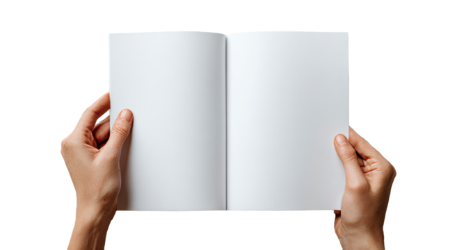 Hands Holding Open Blank Book or Notebook with White Pages for Creative Writing or Note Taking