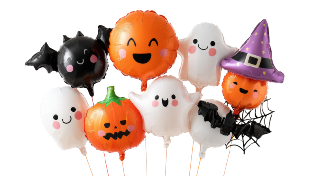 3D Halloween holiday symbols with pumpkin, friendly ghost, black cat, skeleton, tombstone, witch hat, spider web, isolated on a Transparent background, PNG file.