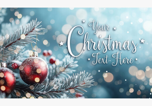 Christmas Card With Frozen Tree Branches And Red Baubles Mockup