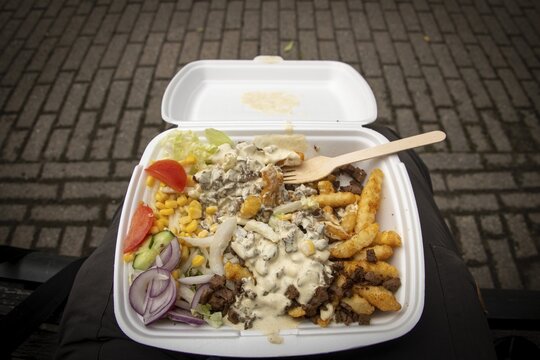 Styrofoam box with fries, vegetables, gyros and sauce, and a wooden fork, fast food, Eidsvoll, Akershus, Norway