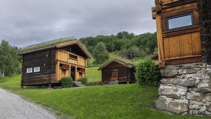 Grass-roofed houses in a rural setting, Gudbrandsdalen or Gudbrandsdalen Valley, Norway