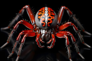 Obraz premium Vibrant spider weaving an intricate web in a dark environment showcasing its colorful patterns in fine detail