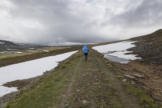 Hiker with rucksack and blue raincoat on a lonely plateau with snowfields, low clouds, Kongevegen or King's Road, Olav's Way or Olavsleden, Dovrefjell, Oppdal municipality, Tr&oslash;ndelag county, Norway