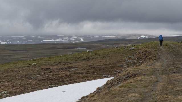 Hiker with rucksack and blue raincoat on a lonely plateau with snowfields, low clouds, Kongevegen or King's Road, Olav's Way or Olavsleden, Dovrefjell, Oppdal municipality, Tr&oslash;ndelag county, Norway