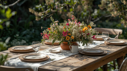 Outdoor dining table set with elegant tableware and vibrant floral centerpiece, creating warm and inviting atmosphere