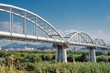 右の堤防から見た水管橋・水道橋