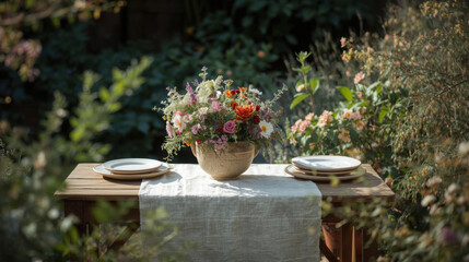 Wooden table set in garden features floral centerpiece with vibrant flowers, creating serene and inviting atmosphere