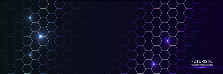 Futuristic neon hexagon background with abstract pattern, realistic purple vector bg with honeycomb for medicine, science, digital technology, game, bio.
