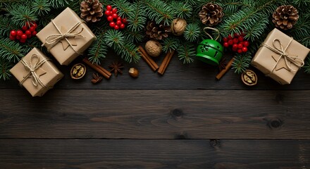 Christmas composition with gift boxes, fir branches, and decorations on dark wood