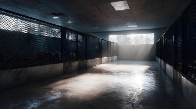 Sunlight illuminates a corridor of animal enclosures in a sterile facility