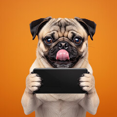 Stylized 3D Realism: Playful Dog Holding a Smartphone Against Bright Orange Backgroun