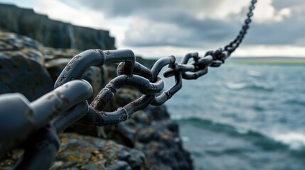 Close-Up View of Heavy Metal Chain Extending to Water with Dramatic Clouds in Background