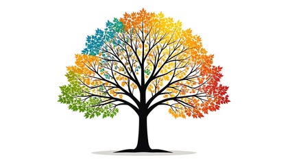 A stylized tree illustration with colorful leaves arranged in segments, showcasing a range of autumn hues against a pure white background. Its detailed branches