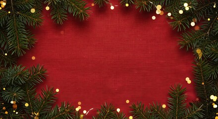 Christmas background with fir tree branches and lights on red textured surface