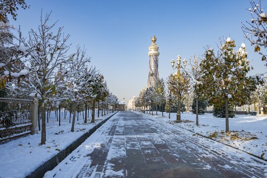 Winter park with Istiklol Tower, Independence and Freedom Tower, Dushanbe, Tajikistan, Central Asia