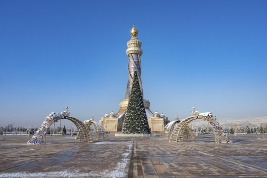 Istiklol Tower with Christmas tree, Independence and Freedom Tower, winter, Dushanbe, Tajikistan, Central Asia