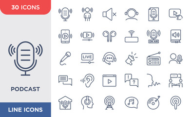 Podcast set icon. Containing radio, broadcast, microphone, audio book symbol, vector illustration.
