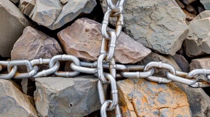 Close-up View of Interlocking Metal Chain on Natural Stone Surface with Texture and Color Variation