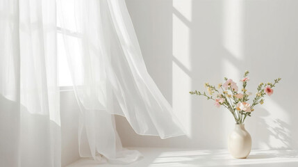 Sheer white curtains gently flow beside vase of delicate pink flowers in serene, sunlit room