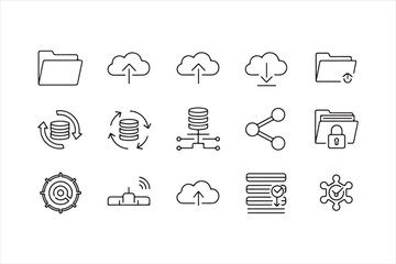 Cloud computing and data management icons includes file storage, database, sharing, and security symbols for web design