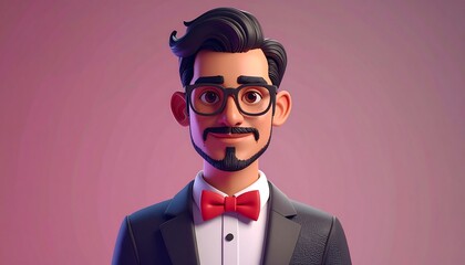 A stylized 3D rendering of a bespectacled man in a tuxedo and bow tie, against a soft pink gradient backdrop