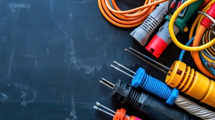 Colorful Electrical Cables and Tools on a Dark Surface for DIY and Repair Projects