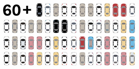 Fototapeta premium Collection of over sixty diverse car illustrations viewed from directly above in a grid layout