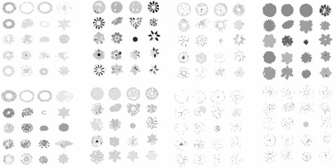 Collection of diverse stylized floral and geometric shapes in various shades of gray and white