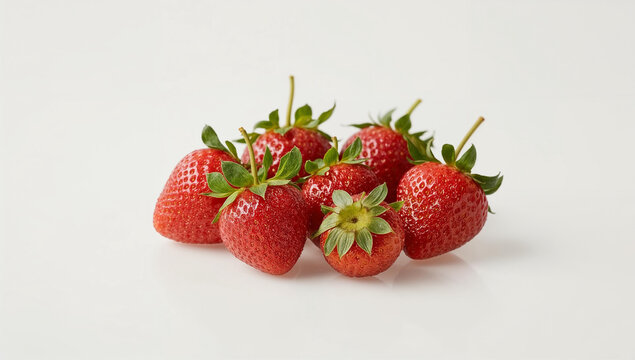 Isolated group of fresh strawberries with green leaves and glossy texture, clean white background and soft reflections.