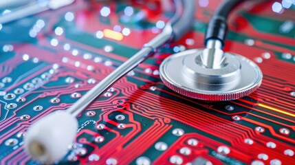 Medical Technology Concept with Stethoscope on Circuit Board in Red and Green Colors Symbolizing Health Innovation and Digital Medicine