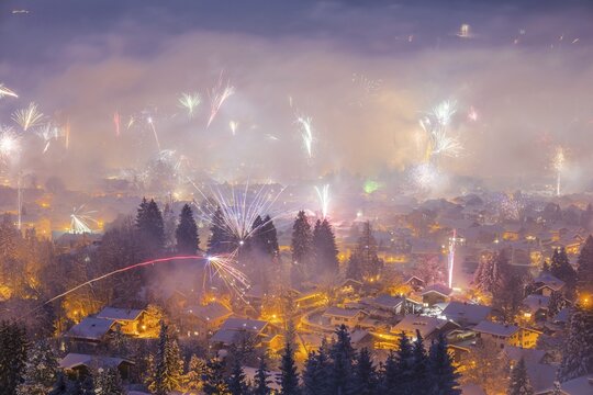 New Year's Eve fireworks, Oberstdorf, Allg&auml;u Alps, Allg&auml;u, Bavaria, Germany