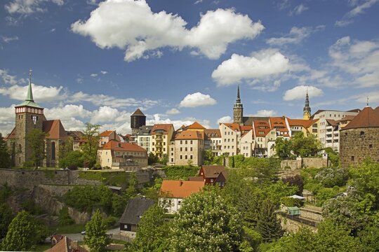St Michael's Church, water tower and St Peter's Cathedral, panorama from the Peace Bridge, Lusatia, Upper Lusatia, Saxony, Germany