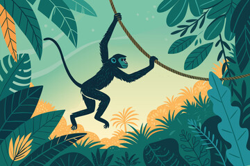 A colorful illustration of a monkey swinging on a vine in a tropical jungle. © vector