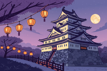 A serene Japanese castle illuminated by lanterns under a full moon.