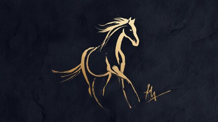 Fototapeta premium Elegant golden horse line art on dark background, minimalist luxury design for 2026 Year of the Horse