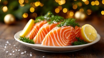 Slices of vibrant salmon sashimi are artfully arranged on a plate, surrounded by fresh lemon wedges and herbs. The background features enchanting holiday lights, creating a warm, festive atmosphere