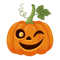 Halloween pumpkin, Jack o' lantern winks. Hand drawn trendy flat style. Perfect for Halloween party invitation, greeting card, banner, stickers, poster. Spooky Jack. Vector illustration