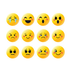 A collection of twelve round yellow emoji faces expressing a wide range of emotions including happy sad angry and surprised.