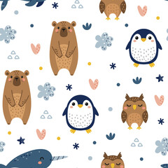 Seamless Pattern Featuring Adorable Pixel Art Winter Animals Including Bears Penguins Owls and Narwhals on a White Background with Subtle Blue and Pink Accents and Star Motifs