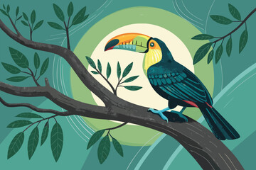 A toucan perched on a tree branch with a vibrant sunset behind it.