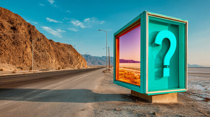 A large, colorful billboard with a question mark on it stands by the side of an empty road in a desert landscape. The background shows a rocky hillside and clear blue sky