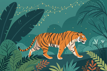 A tiger walks through a lush jungle with string lights overhead.