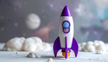 A stylized, cartoonish rocket ship, white with purple accents, sits on a surreal, cloudy surface against a dreamy cosmic backdrop