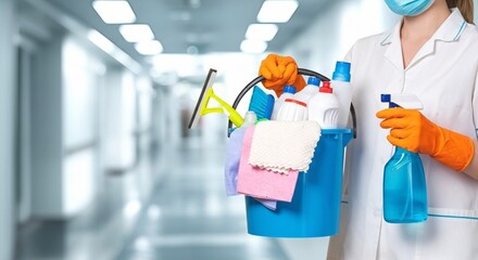 Woman in Yellow Gloves Holding Bucket with Cleaning Supplies