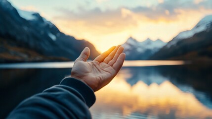 Hand Reaching for Golden Sunset Over Mountain Lake Hopeful Serenity.