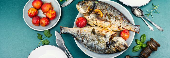 Yummy baked dorado fish, food photography.