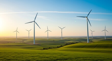 Wind turbines stand tall in a field at sunset, generating power