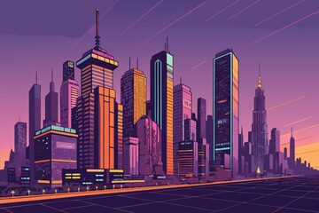 Retro synthwave cityscape at sunset with purple and orange hues.