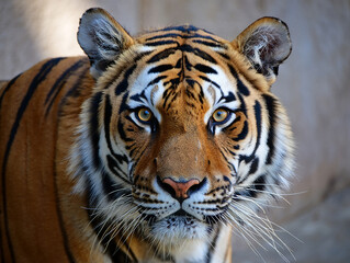 Close up portrait of a majestic bengal tiger with intense gaze and detailed fur texture